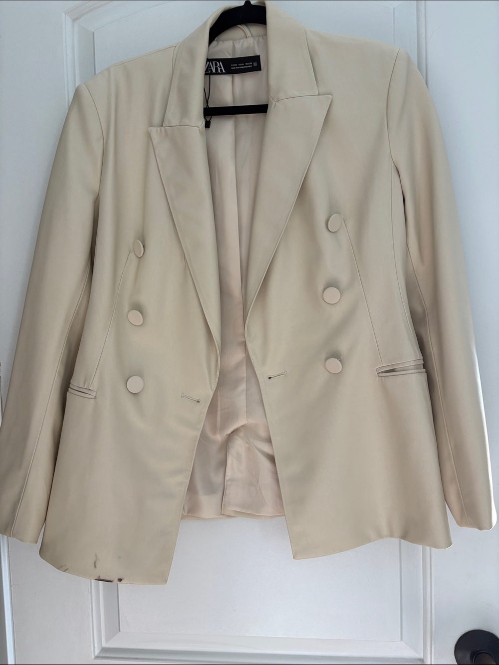 ZARA Double-Breasted Vegan Leather Cream Blazer